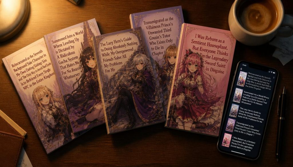 Light novels with absurdly long titles beside a phone showing them as a scrolling list