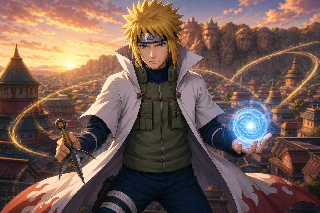Minato Namikaze in Fourth Hokage cloak with Flying Raijin kunai and Rasengan above Konoha
