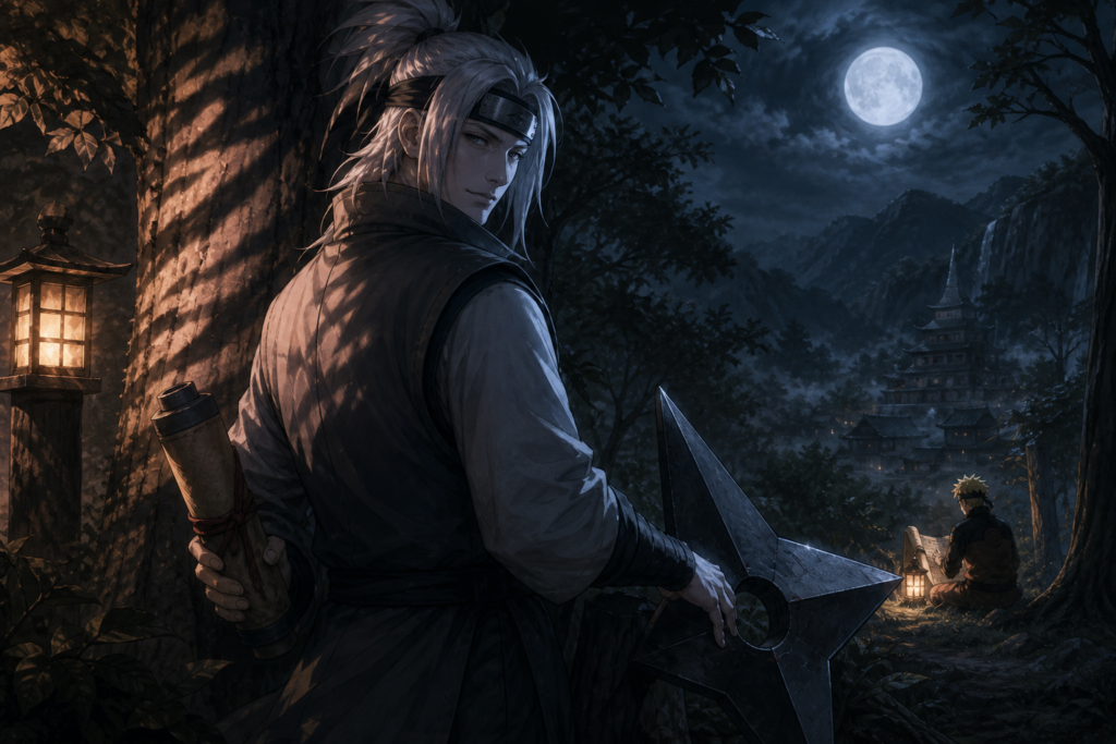 Mizuki conceals the Scroll of Seals beside a giant shuriken while Naruto studies in a moonlit forest