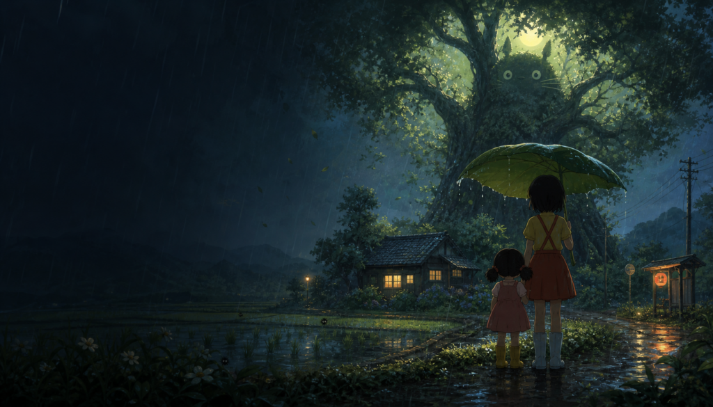 Original editorial art of two sisters facing an ancient tree and a gentle forest spirit in summer rain