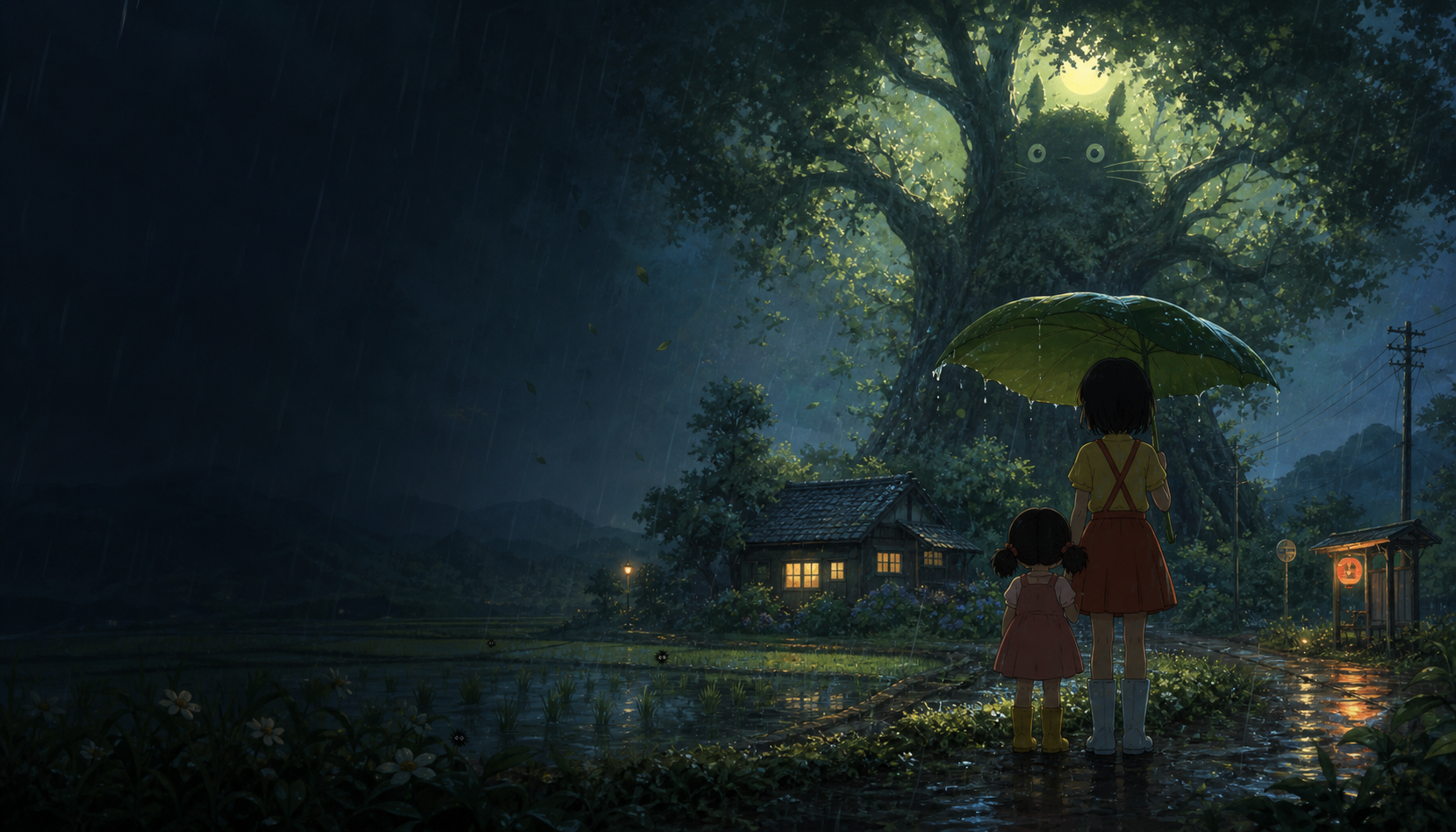 Original editorial art of two sisters facing an ancient tree and a gentle forest spirit in summer rain