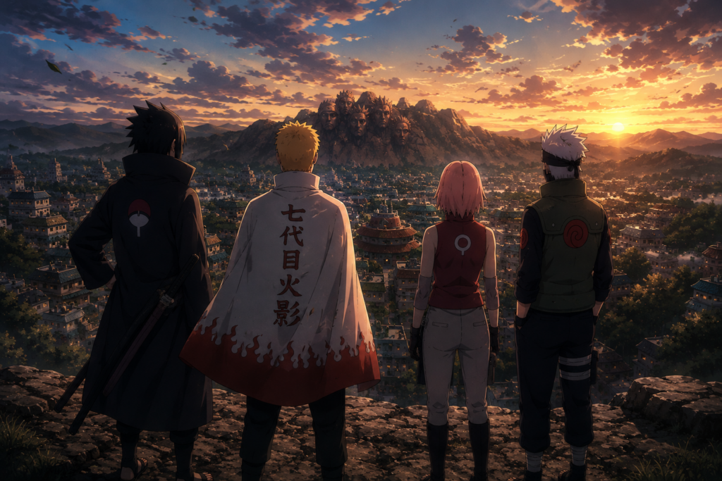 Naruto, Sasuke, Sakura and Kakashi overlooking the Hidden Leaf Village at sunset