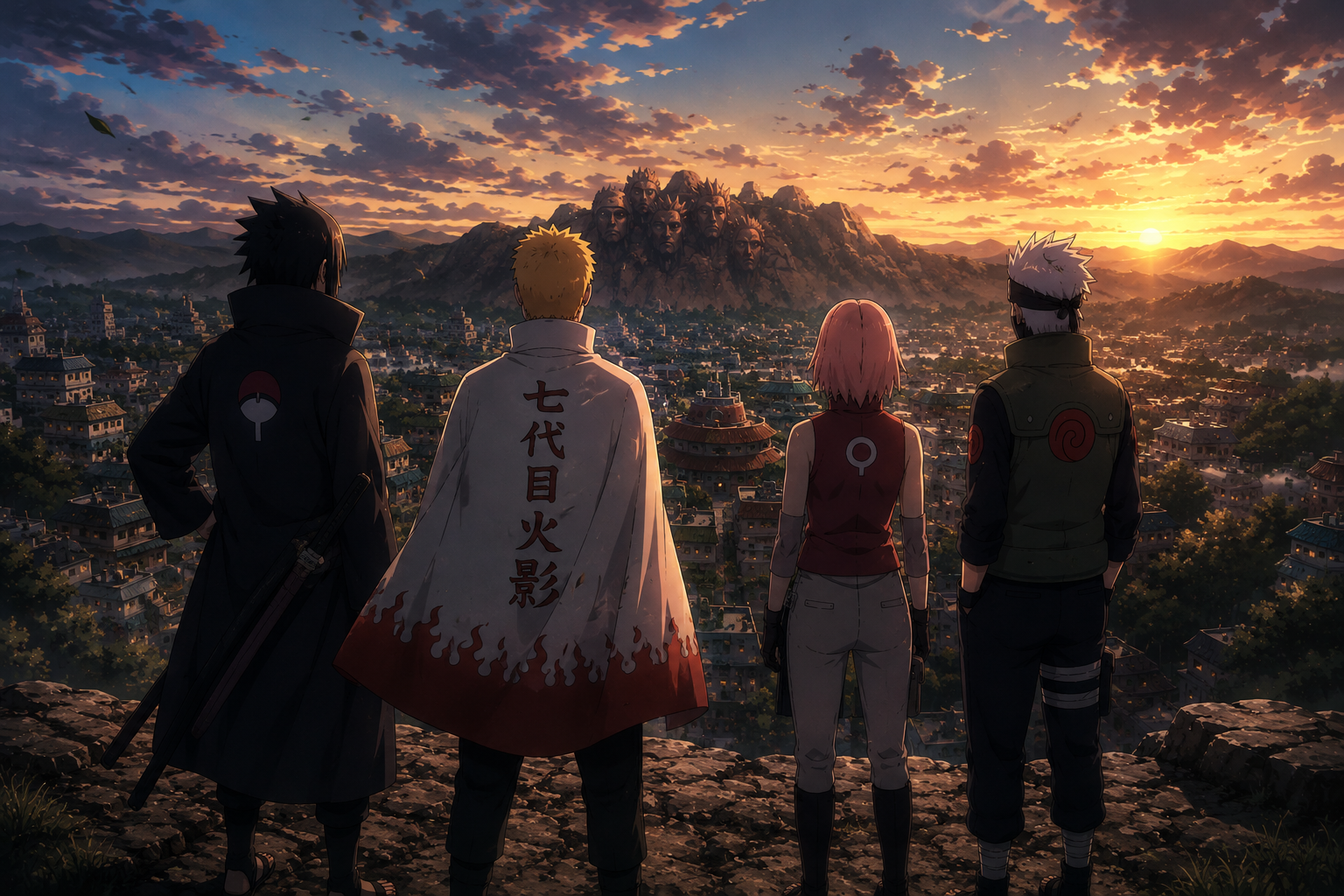 Naruto, Sasuke, Sakura and Kakashi overlooking the Hidden Leaf Village at sunset