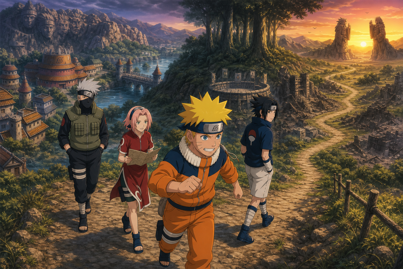 Part I Team 7 crossing a Naruto story landscape from Konoha to the Valley of the End