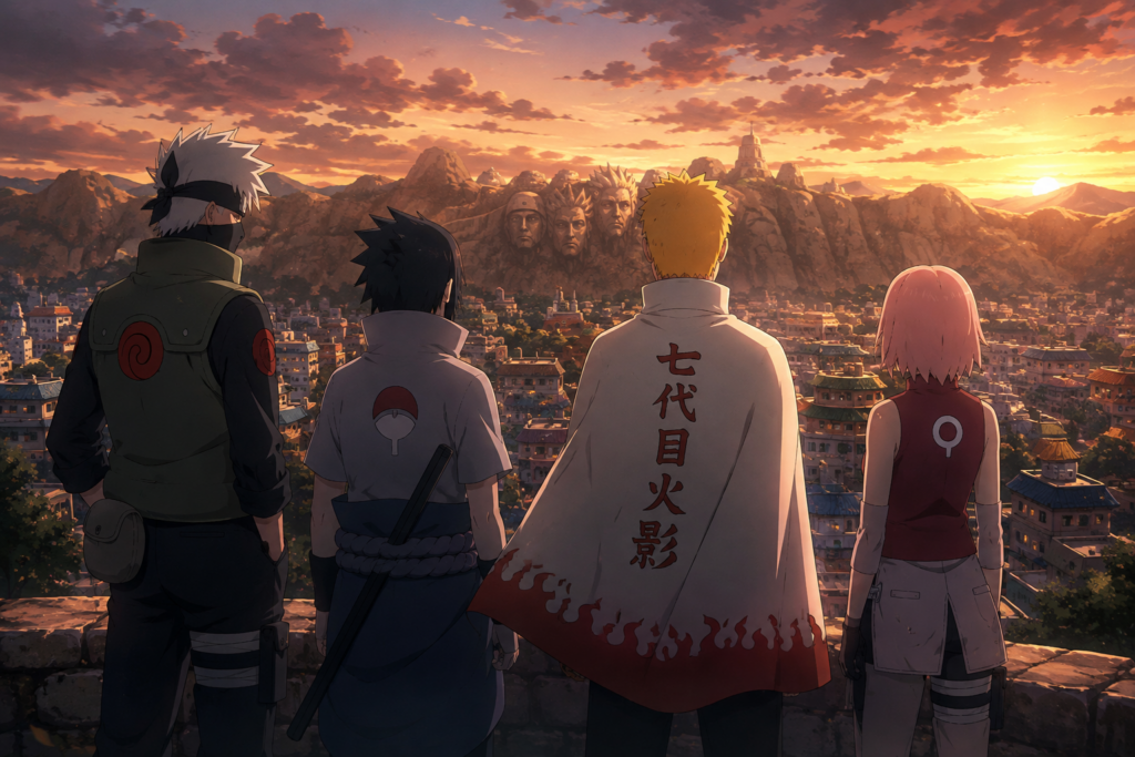 Adult Kakashi, Sasuke, Naruto and Sakura overlook the Hidden Leaf Village at sunset