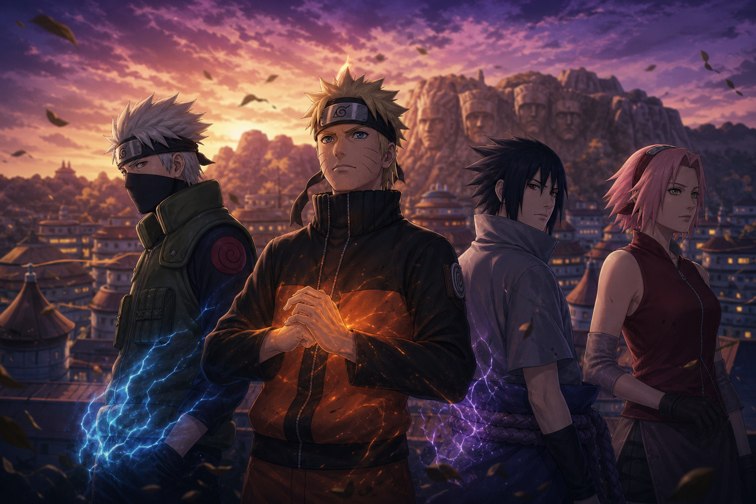 Adult Team 7 stands above Konohagakure at violet and amber dusk