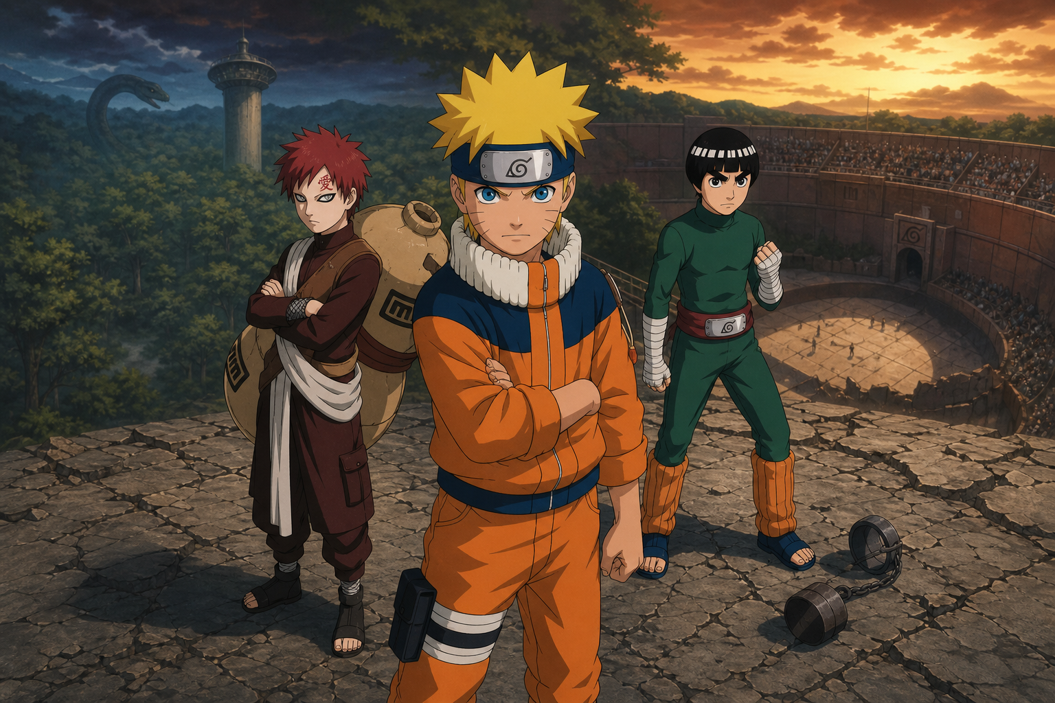 Naruto stands between Gaara and Rock Lee above the Chunin Exams arena with the Forest of Death and examination tower behind them