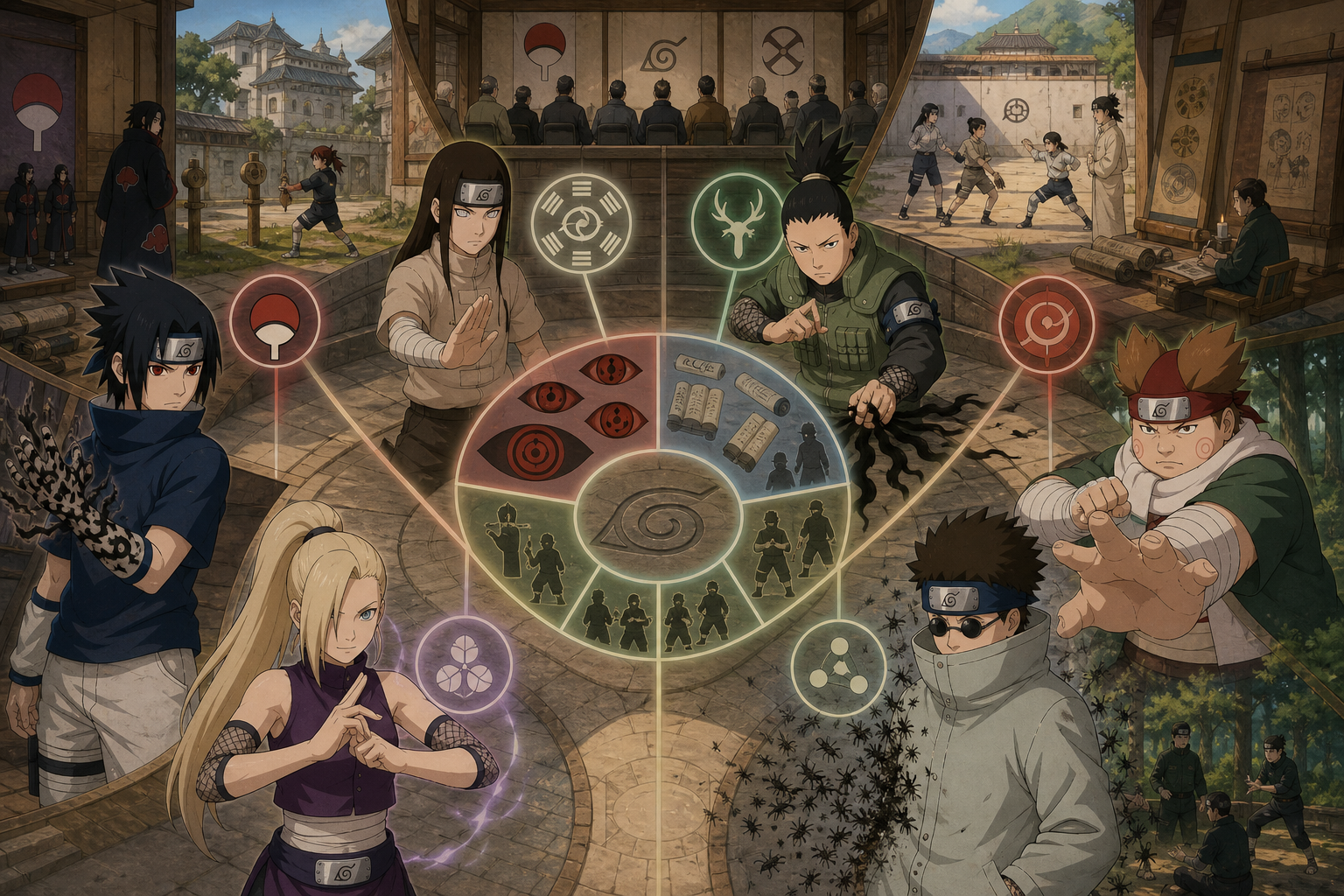 Sasuke, Neji, Shikamaru, Choji, Ino and Shino demonstrate different clan powers and teaching systems
