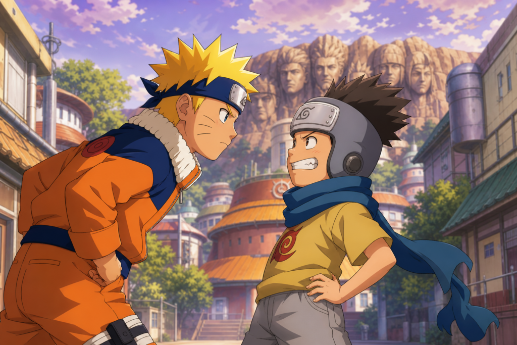 Naruto Uzumaki and young Konohamaru Sarutobi challenge each other on a Hidden Leaf Village street