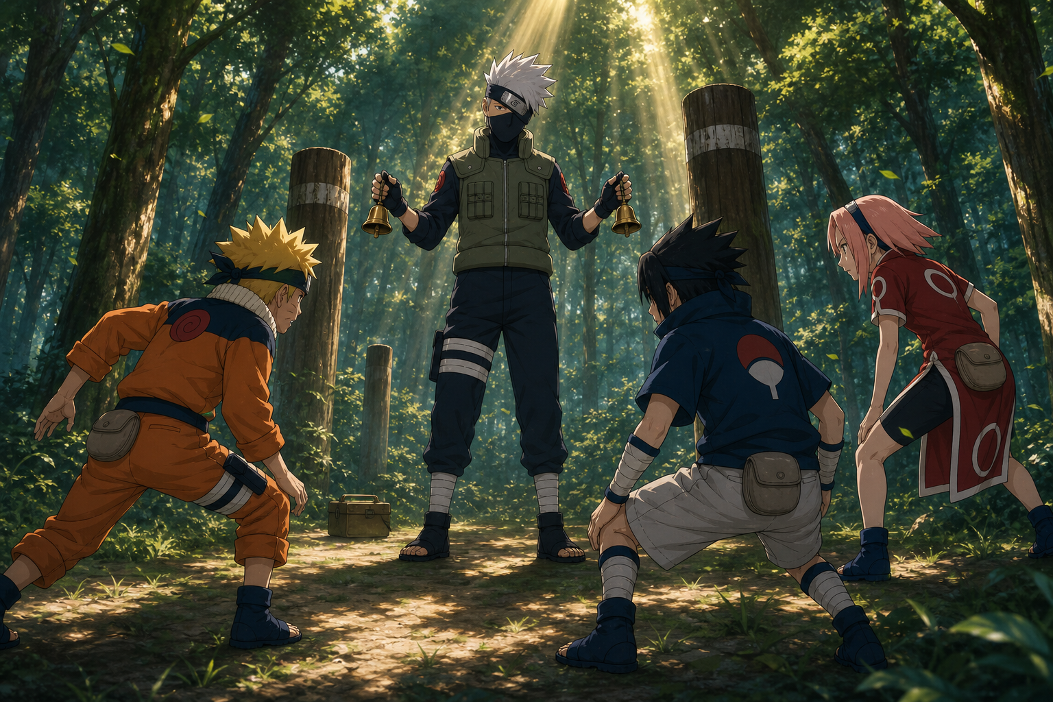 Naruto, Sasuke, Sakura, and Kakashi begin the bell survival test in a forest training ground