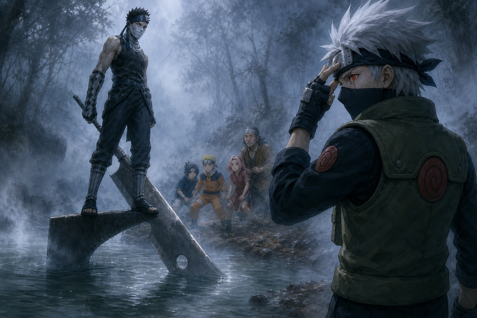 Zabuza stands on his giant sword in a misty river as Kakashi reveals the Sharingan and Team 7 protects Tazuna