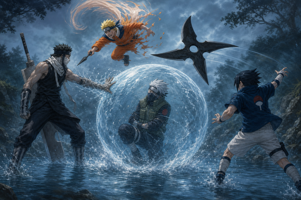 Naruto transforms from a hidden shuriken above Zabuza while Sasuke’s plan frees Kakashi from the Water Prison