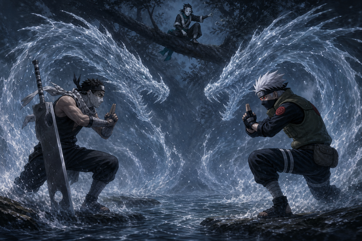 Kakashi and Zabuza mirror Water Dragon hand signs as Haku watches from a tree above the misty river