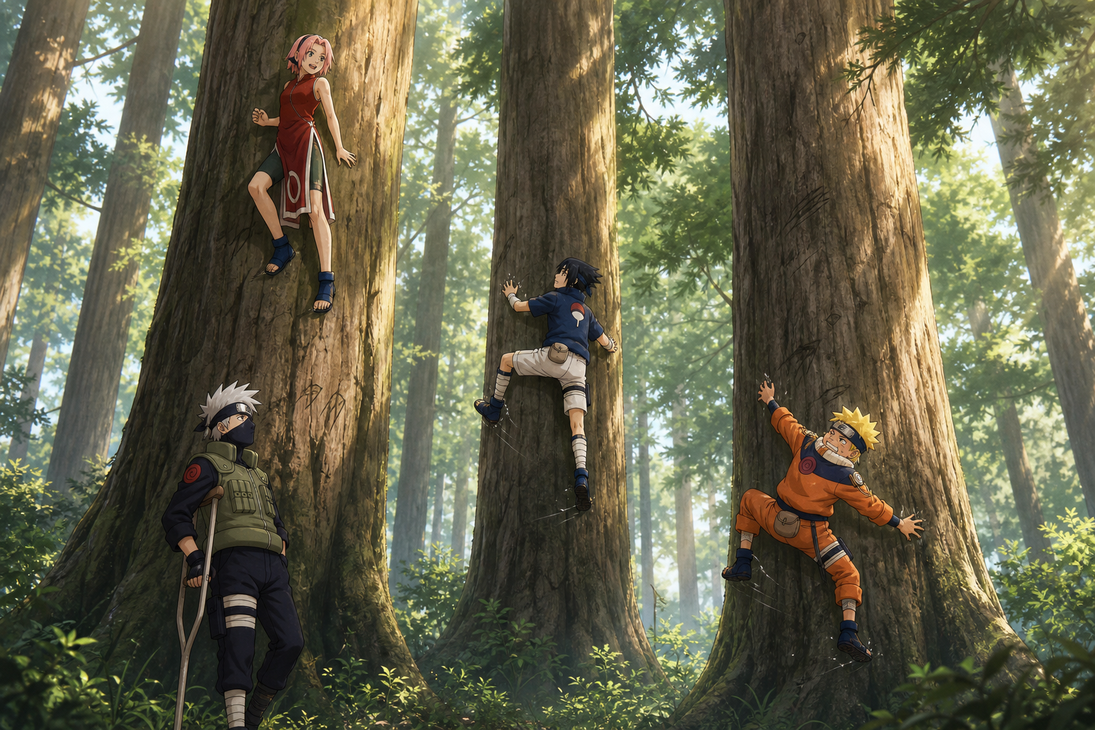 Sakura climbs highest while Sasuke and Naruto practice chakra control on trees under Kakashi’s supervision