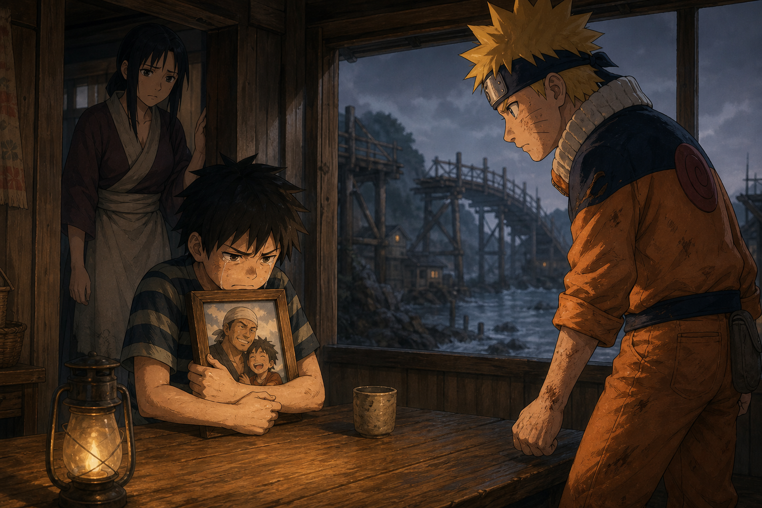 Inari cries over a photograph of Kaiza while Naruto challenges his despair and Tsunami watches beside the unfinished bridge