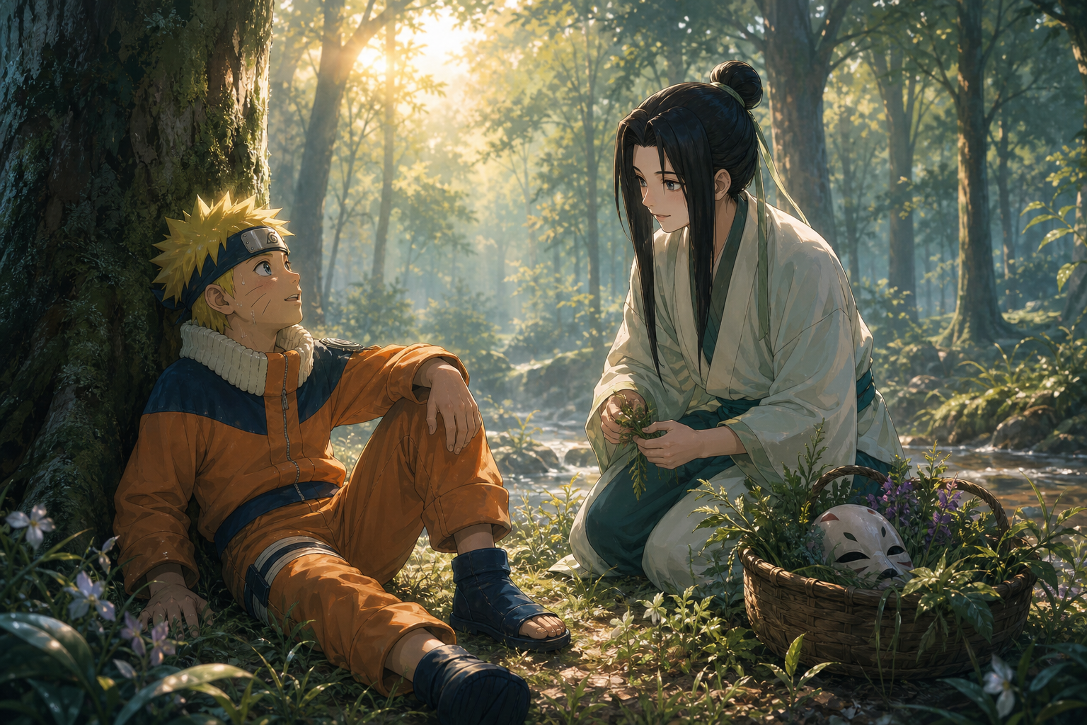 Naruto rests after chakra training while Haku gathers herbs and the hunter-nin mask lies hidden in a basket