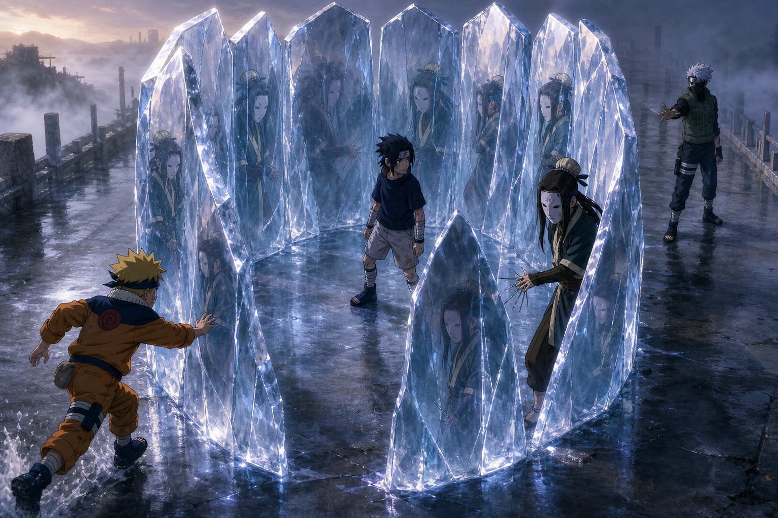 Sasuke is trapped inside Haku’s Crystal Ice Mirrors while Naruto rushes toward the opening and Kakashi warns him back