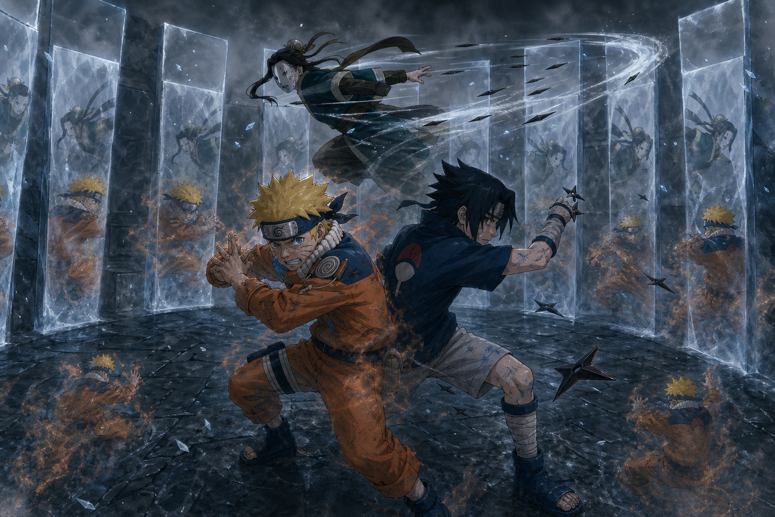 Naruto and Sasuke fight back-to-back as Haku attacks through the Crystal Ice Mirrors in Naruto Episode 14
