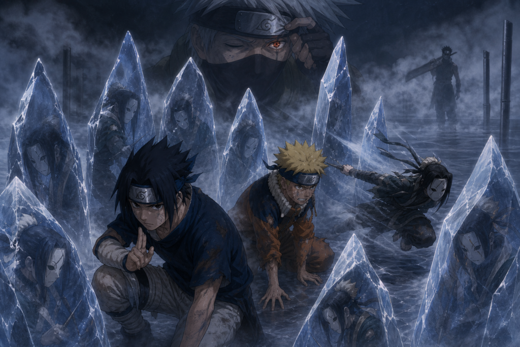 Sasuke and Naruto endure Haku’s ice mirrors while Kakashi confronts Zabuza through killing mist in Naruto Episode 15