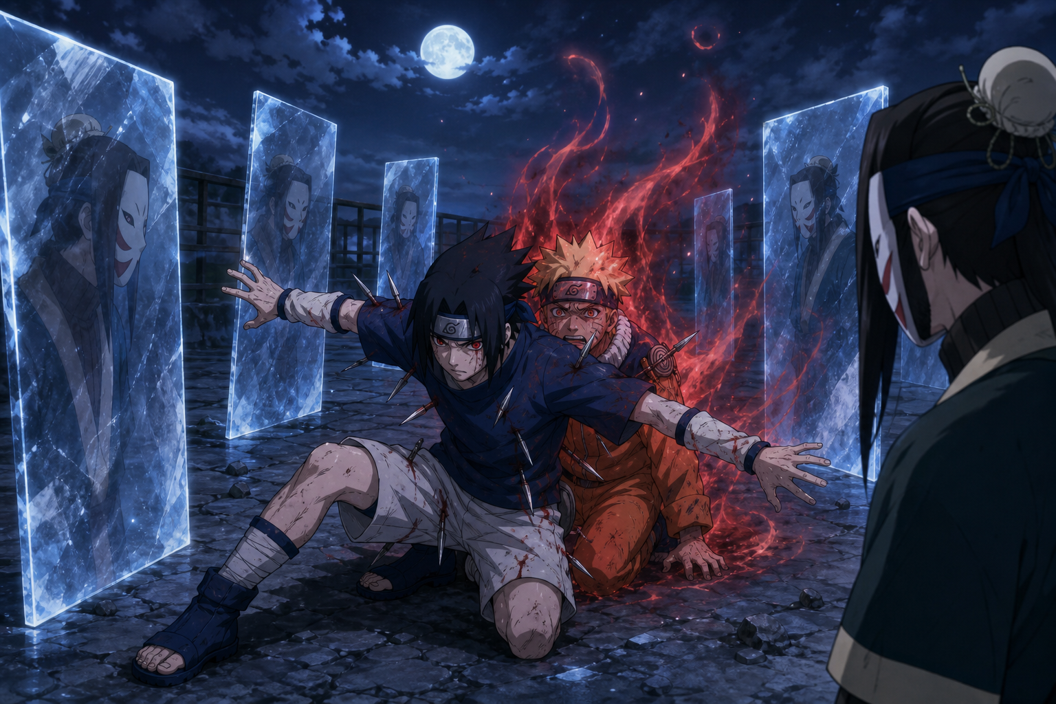 Sasuke shields Naruto from Haku’s senbon as the Nine-Tails chakra breaks through Naruto’s seal in Episode 16