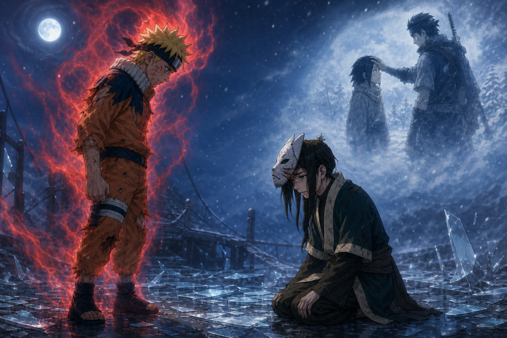 Haku stands in falling snow as Naruto confronts the childhood pain and conditional belonging hidden beneath the hunter-nin mask
