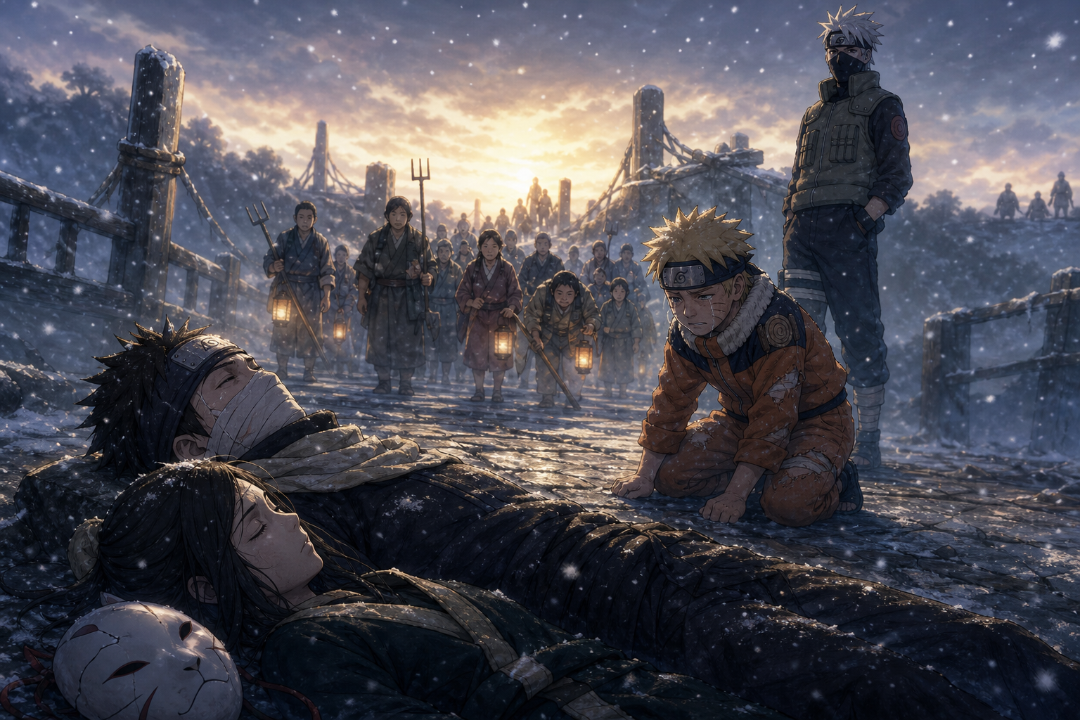 Naruto mourns beside Haku and Zabuza as snow falls and the people of the Land of Waves arrive on the bridge in Episode 19