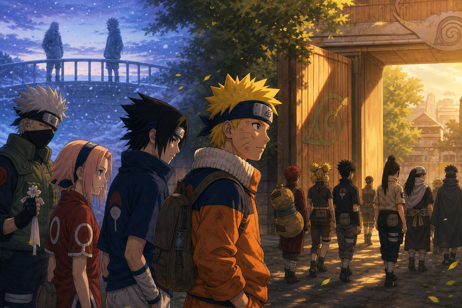 Team 7 returns to Konoha carrying memories of the Land of Waves as foreign genin arrive for the Chunin Exam in Episode 20