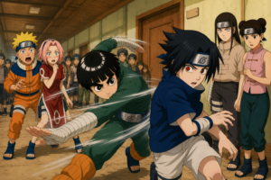 Rock Lee intercepts Sasuke, Naruto and Sakura outside the Chunin Exam room while Neji and Tenten watch