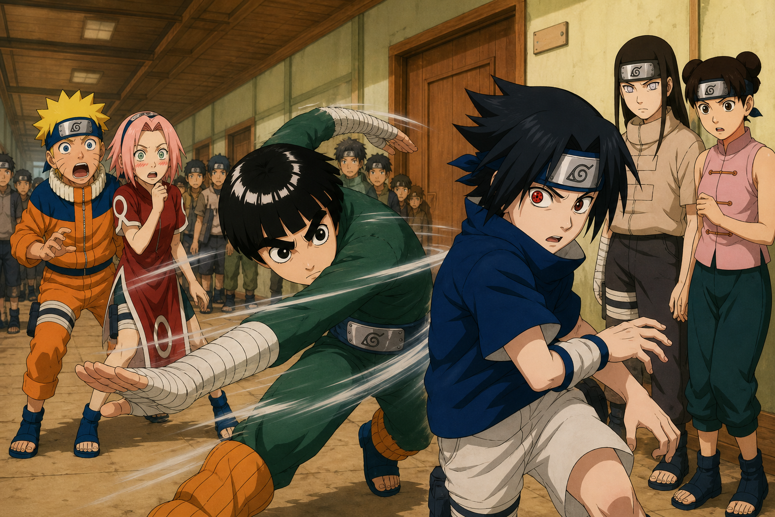 Rock Lee intercepts Sasuke, Naruto and Sakura outside the Chunin Exam room while Neji and Tenten watch