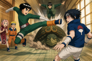 Rock Lee attacks Sasuke as Ningame and Might Guy interrupt while Naruto and Sakura watch in the Chunin Exam corridor