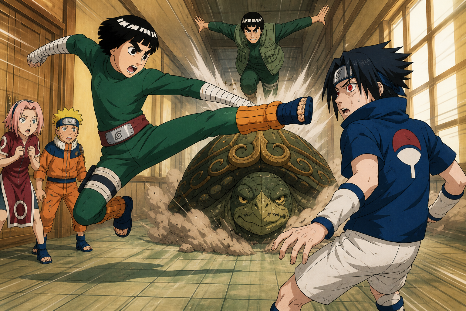 Rock Lee attacks Sasuke as Ningame and Might Guy interrupt while Naruto and Sakura watch in the Chunin Exam corridor