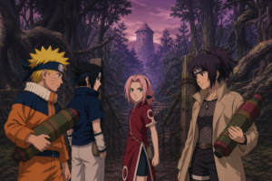 Naruto, Sasuke and Sakura stand with Anko at the Forest of Death entrance holding the Chunin Exam scrolls