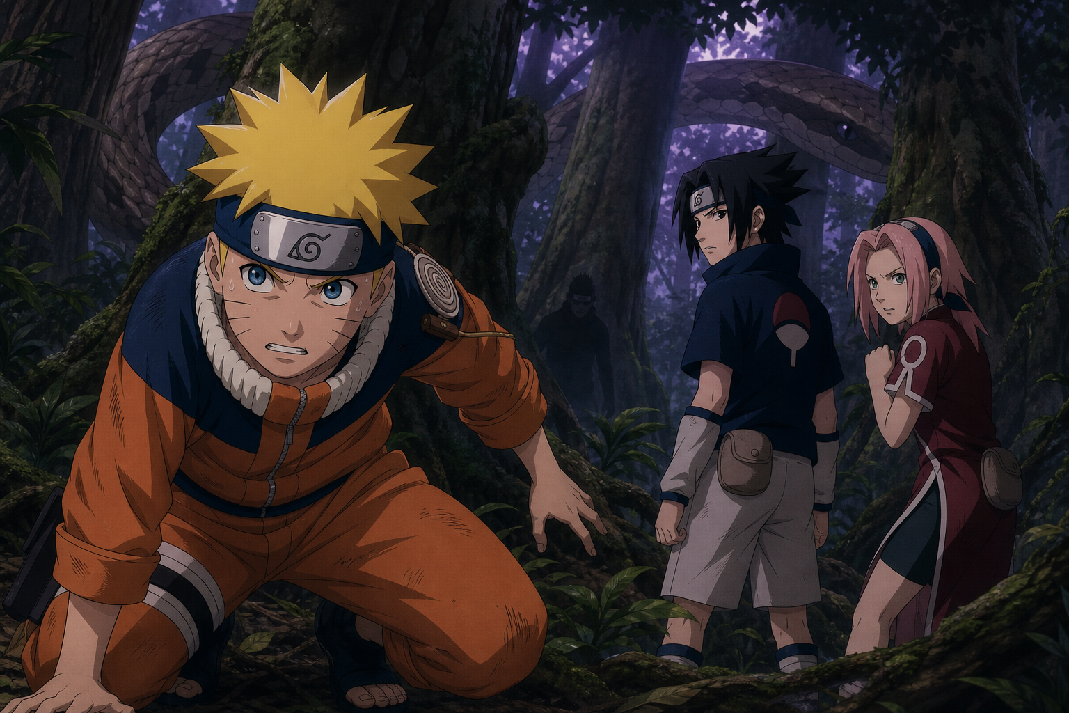 Naruto, Sasuke and Sakura face an impostor and giant snake in the Forest of Death during Naruto Episode 28