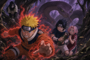 Naruto charges Orochimaru while Sasuke and Sakura protect their scroll in Naruto Episode 29