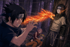 Sasuke uses Sharingan and Dragon Flame Jutsu against Orochimaru while Sakura protects Naruto in Episode 30