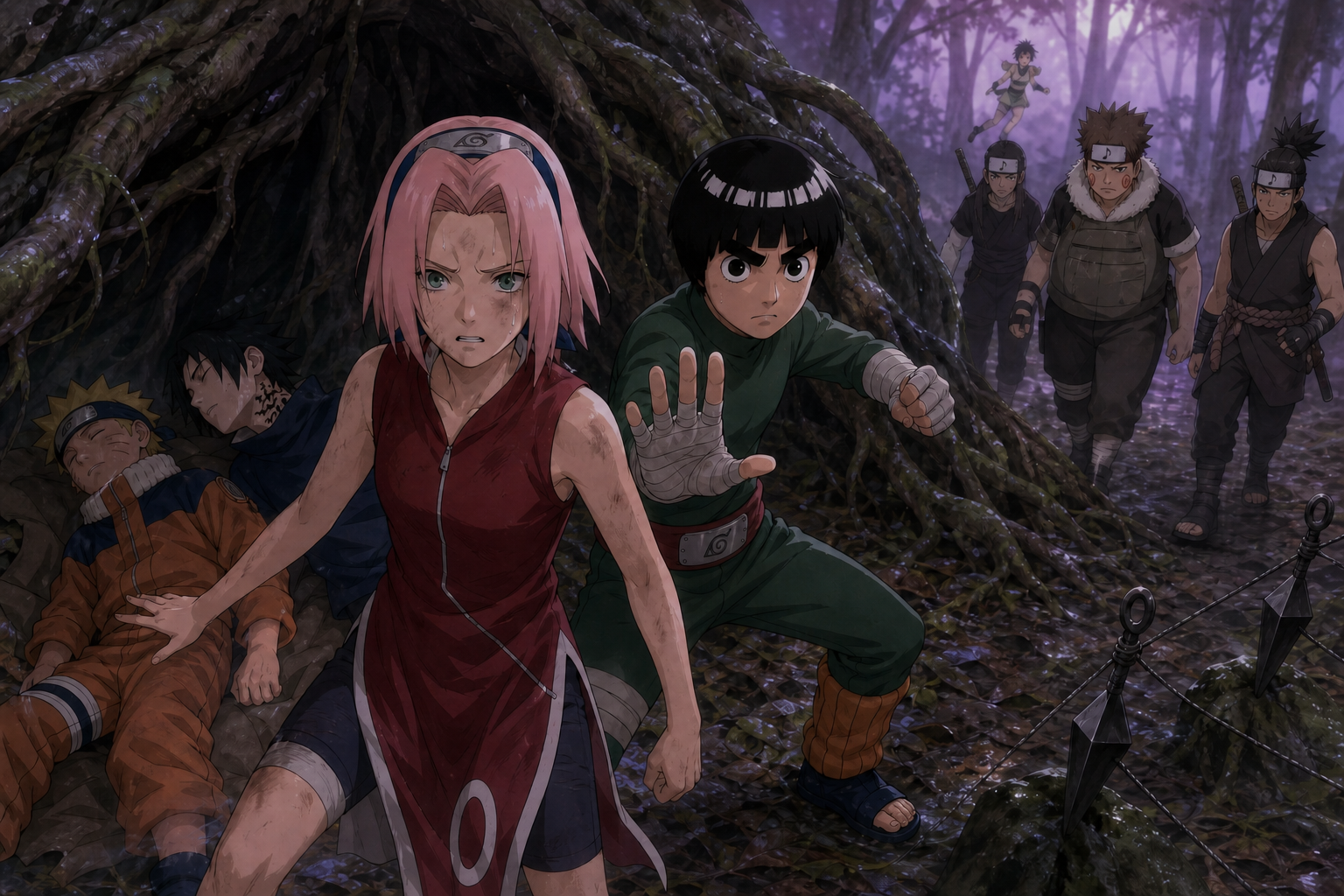 Exhausted Sakura and Rock Lee defend unconscious Naruto and Sasuke from the Sound genin in Episode 31