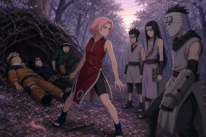 Short-haired Sakura shields Naruto and Sasuke from the Sound genin in Naruto Episode 32