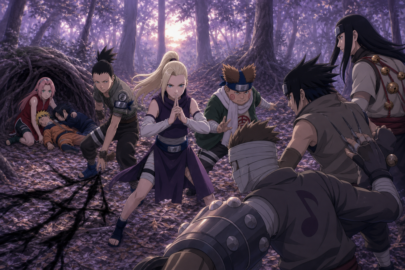 Ino, Shikamaru and Choji form Ino-Shika-Cho against the Sound genin in Naruto Episode 33