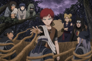 Gaara traps Rain genin with sand while Kiba holds a trembling Akamaru in Naruto Episode 34