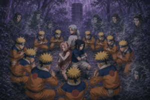 Naruto’s shadow clones surround Team 7 and Kabuto as Rain genin illusions hide in Naruto Episode 36