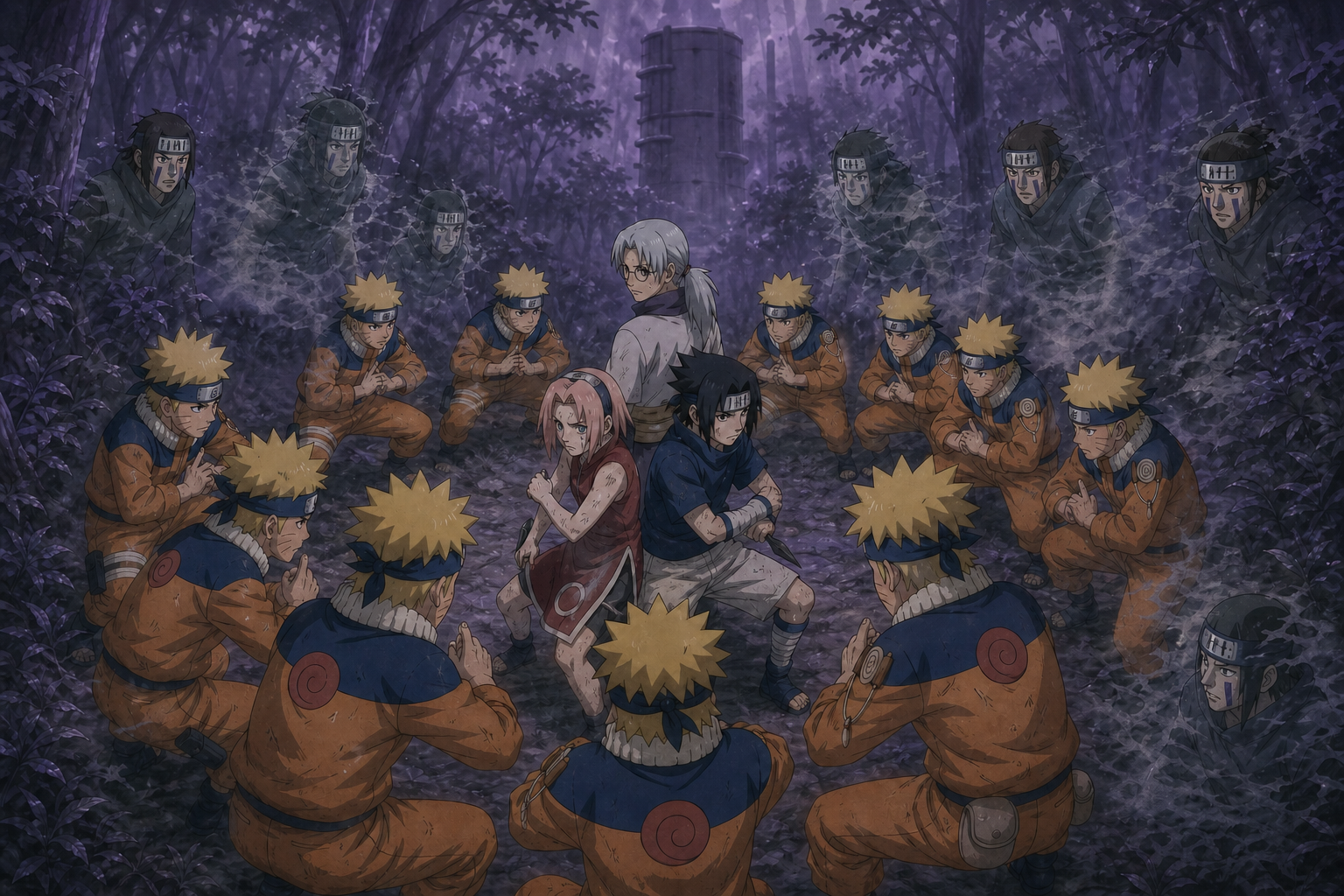 Naruto's shadow clones surround Team 7 and Kabuto as Rain genin illusions hide in Naruto Episode 36