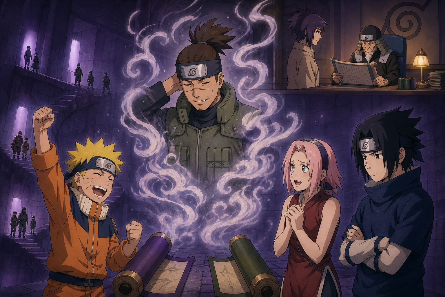 Iruka appears from the paired scrolls as Naruto, Sakura and Sasuke complete the Forest of Death in Naruto Episode 37