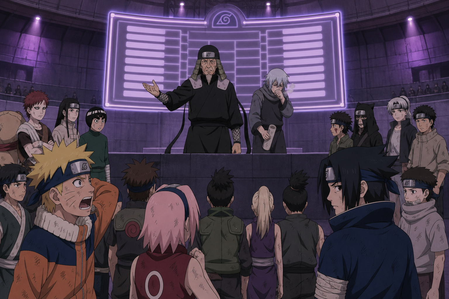 Hiruzen and Hayate face the twenty-one exhausted qualifiers before the sudden Chunin Exam preliminaries in Naruto Episode 38