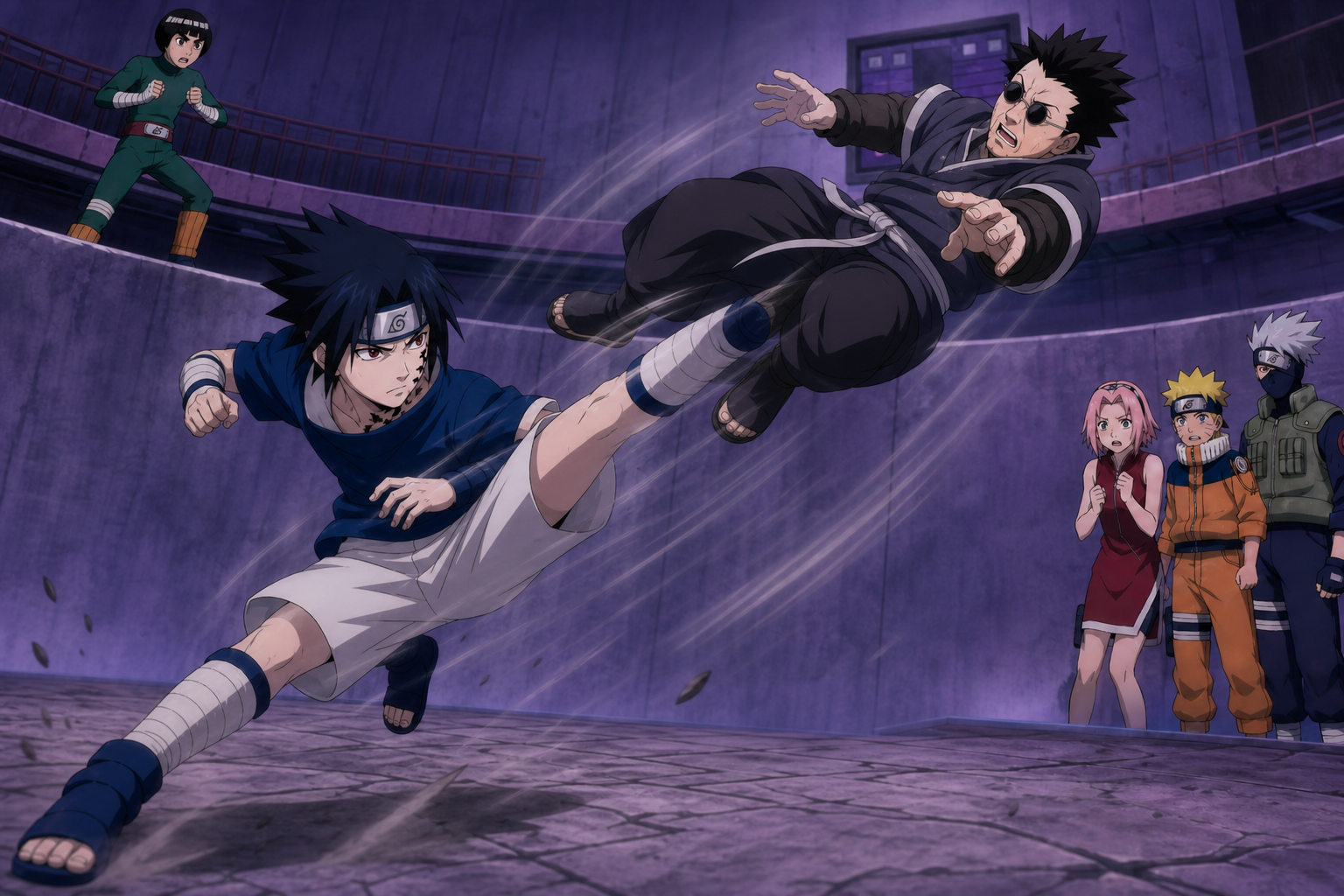 Sasuke launches Yoroi with copied taijutsu while Rock Lee recognizes the movement in Naruto Episode 39