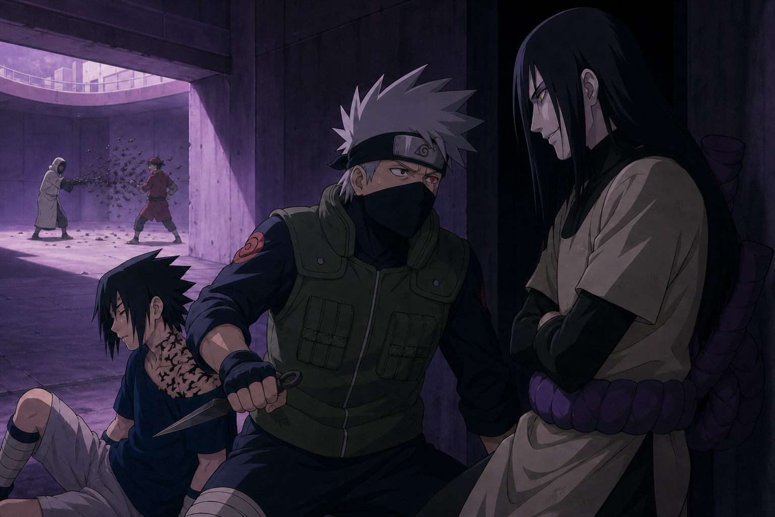Kakashi protects Sasuke after sealing the curse mark while Orochimaru confronts him in Naruto Episode 40