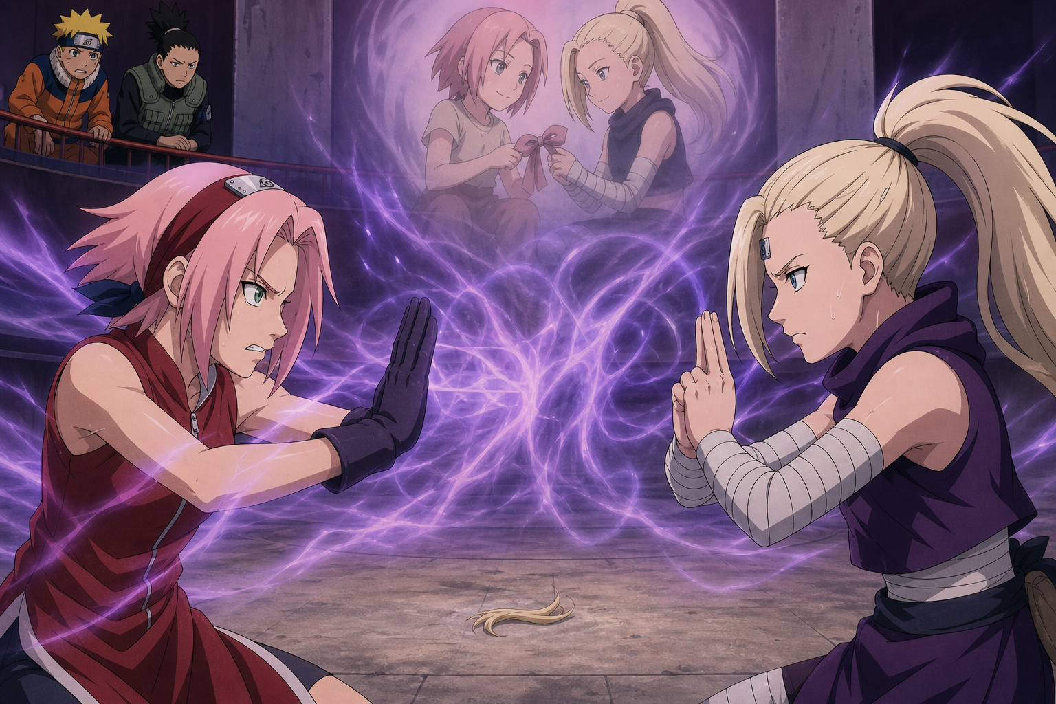 Sakura resists Ino's Mind Transfer as their childhood ribbon memory hangs over the fight in Naruto Episode 42