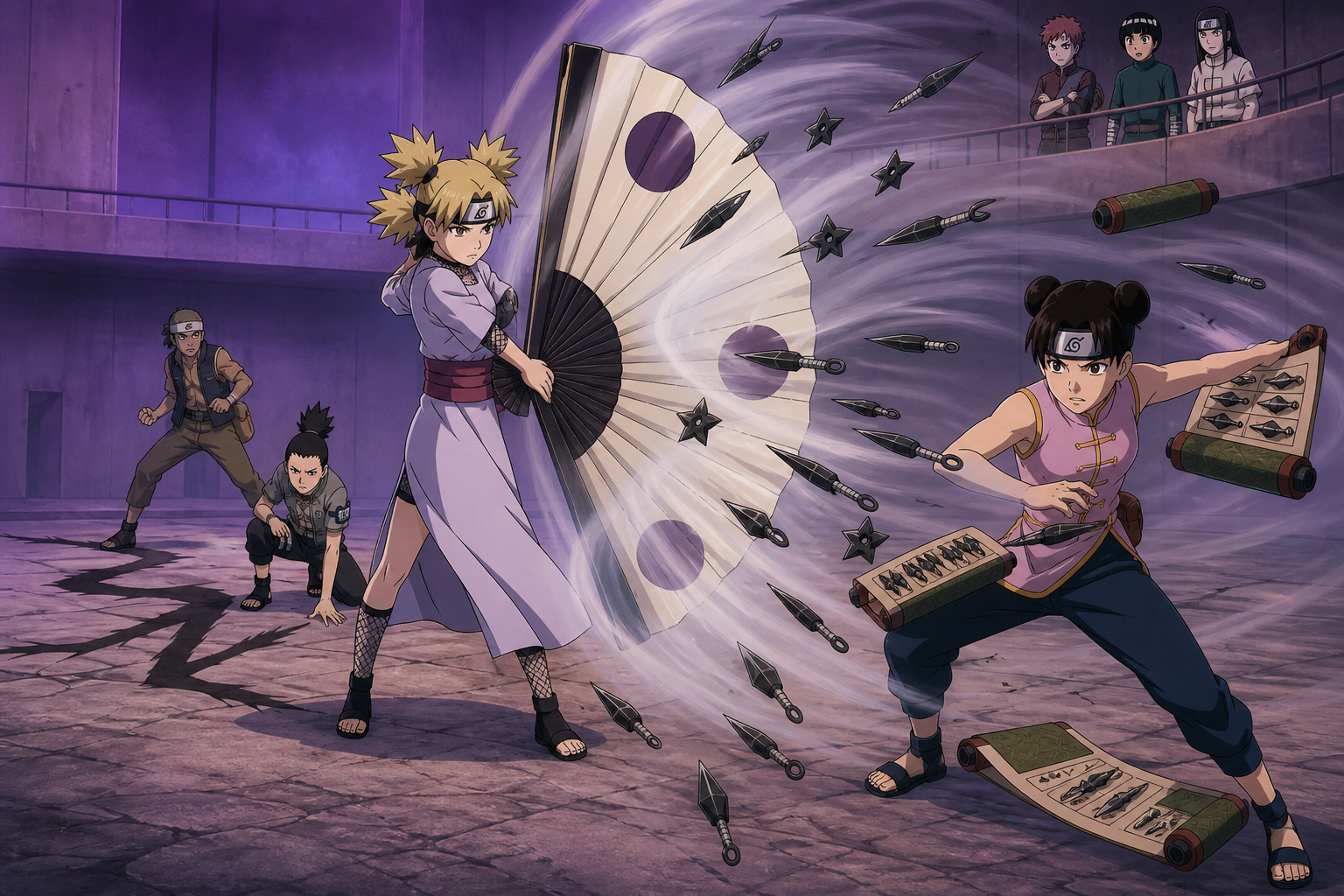 Temari deflects Tenten's weapon barrage while Shikamaru's shadow reaches toward Kin in Naruto Episode 43