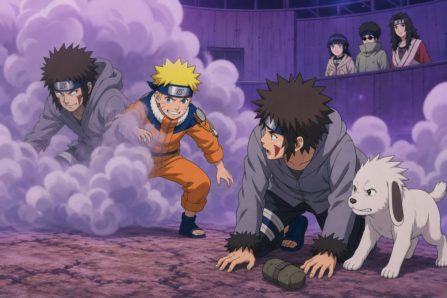 Naruto reverses Kiba's smoke and transformation trick while Akamaru prepares to join the attack in Naruto Episode 44