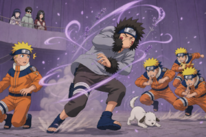 Kiba covers his sensitive nose while Naruto and his shadow clones prepare the Naruto Uzumaki Barrage in Naruto Episode 45