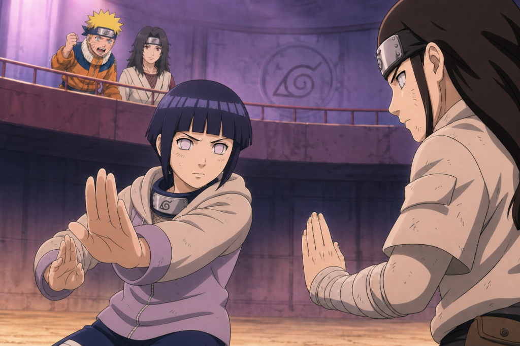 Hinata Hyuga activates her Byakugan and takes a Gentle Fist stance against Neji while Naruto encourages her in Naruto Episode 46